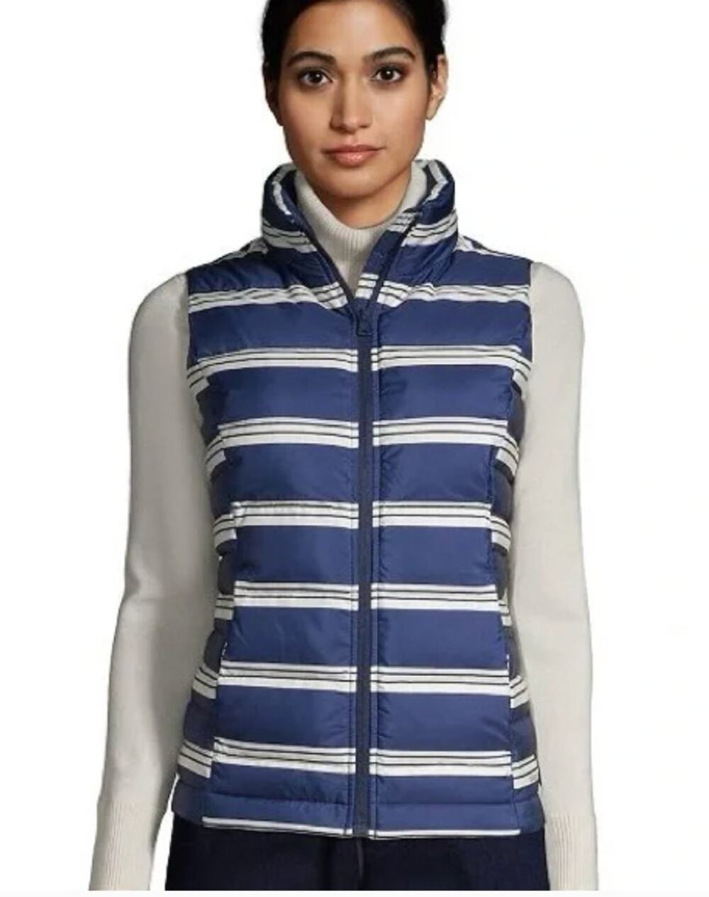Lands End Navy Blue White Stripe Down Quilted Puffer Vest M/T 10-12 M Tall